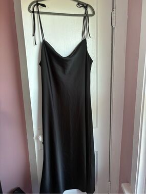 Topshop Black Tie Strap Cowl Neck Slip Dress Size 14 Stretch Minimalist Midi